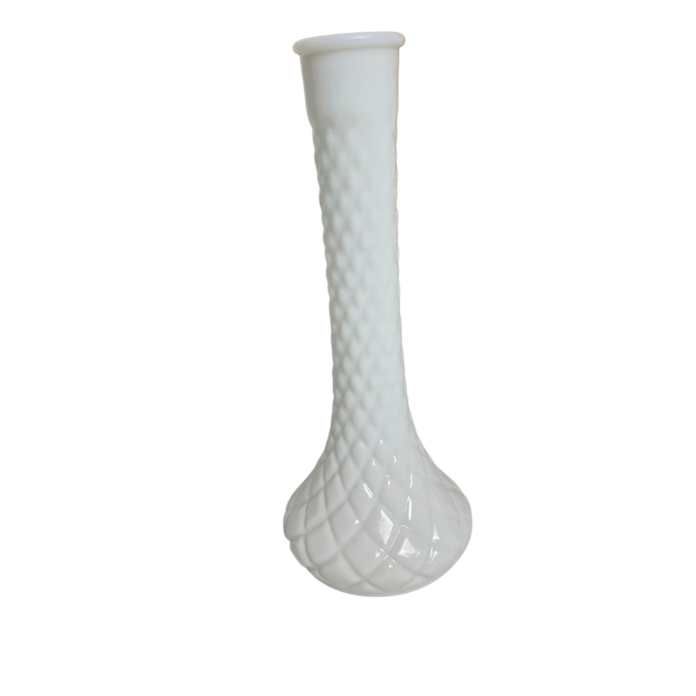 Hoosier Milk White Glass Vase Diamond Quilt Pattern Vintage Rose Bud Retro